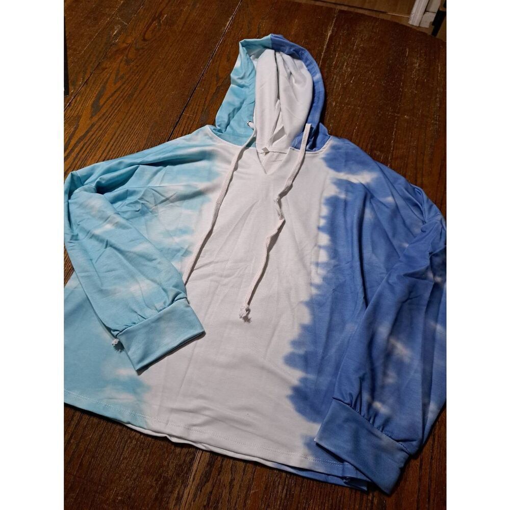 New Medium Supersun Blue White Tie Dye Long Sleeve Pullover Hoodie Sweatshirt